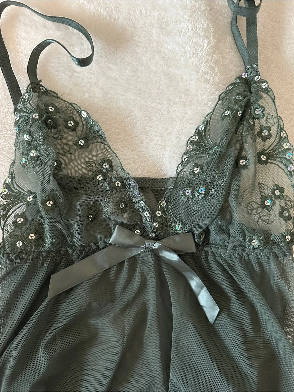 Sheer Lace Trim Babydoll Set in Dusty Green - Women Intimates